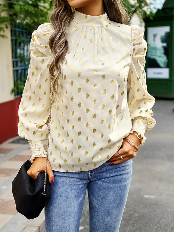 Women's Gold Dot Print Temperament commuting round neck long-sleeved blouse