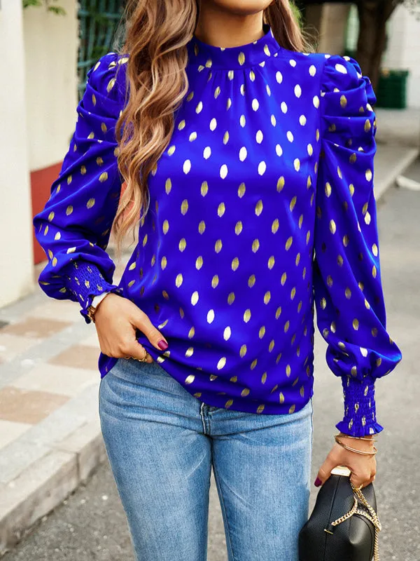 Women's Gold Dot Print Temperament commuting round neck long-sleeved blouse