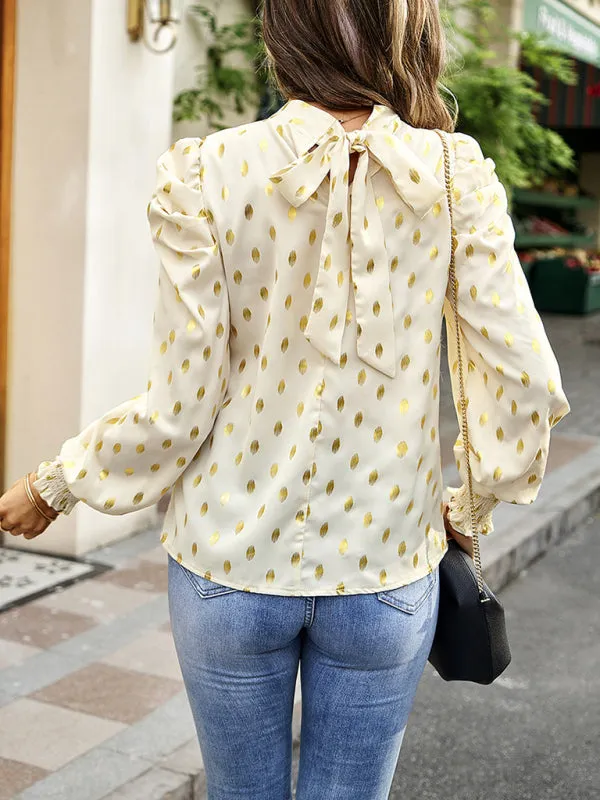 Women's Gold Dot Print Temperament commuting round neck long-sleeved blouse