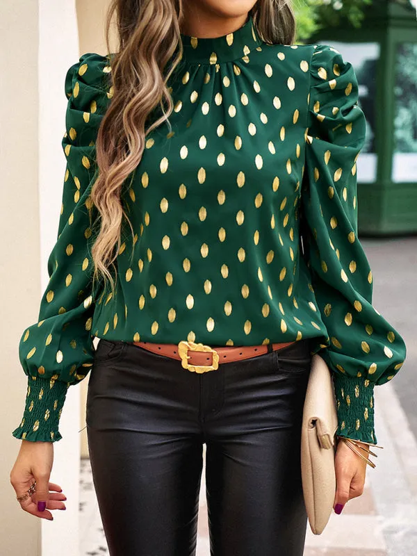 Women's Gold Dot Print Temperament commuting round neck long-sleeved blouse