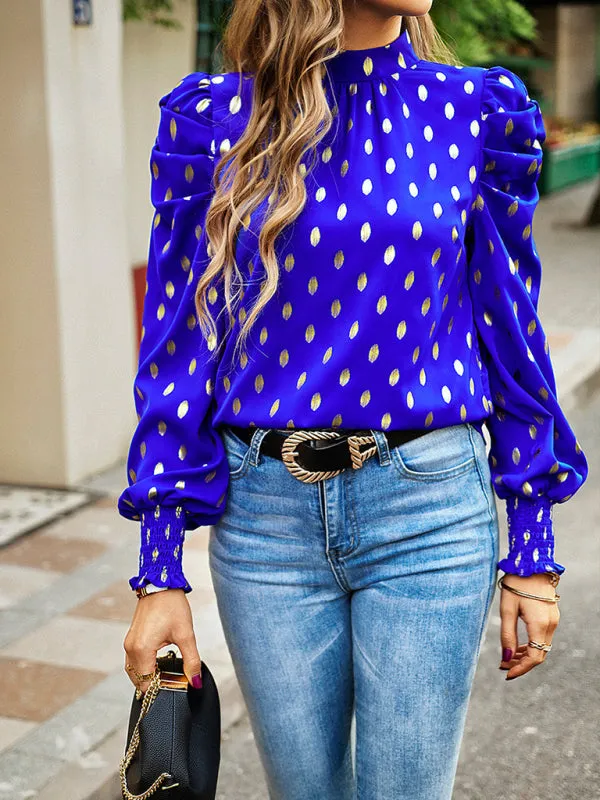 Women's Gold Dot Print Temperament commuting round neck long-sleeved blouse