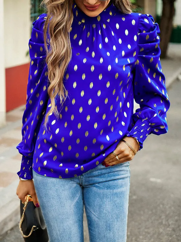 Women's Gold Dot Print Temperament commuting round neck long-sleeved blouse