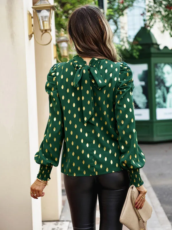 Women's Gold Dot Print Temperament commuting round neck long-sleeved blouse
