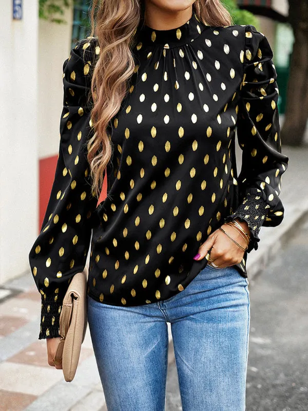 Women's Gold Dot Print Temperament commuting round neck long-sleeved blouse