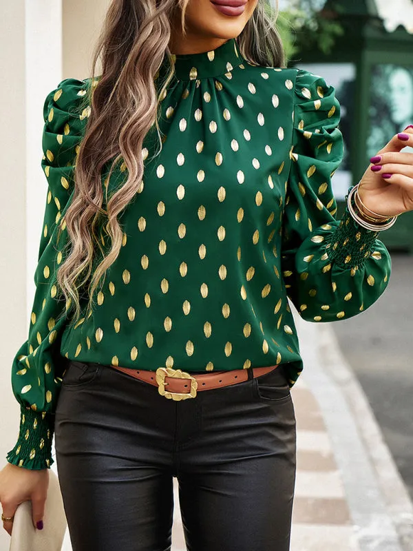 Women's Gold Dot Print Temperament commuting round neck long-sleeved blouse