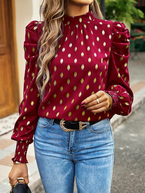 Women's Gold Dot Print Temperament commuting round neck long-sleeved blouse