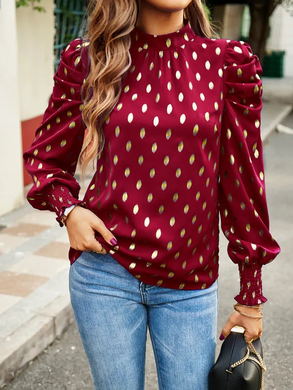 Women's Gold Dot Print Temperament commuting round neck long-sleeved blouse