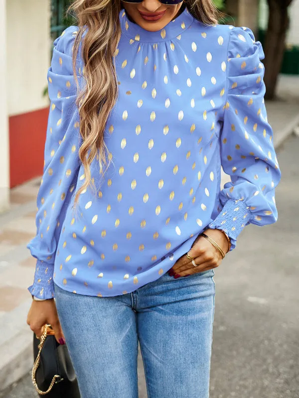 Women's Gold Dot Print Temperament commuting round neck long-sleeved blouse