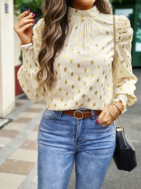 Women's Gold Dot Print Temperament commuting round neck long-sleeved blouse