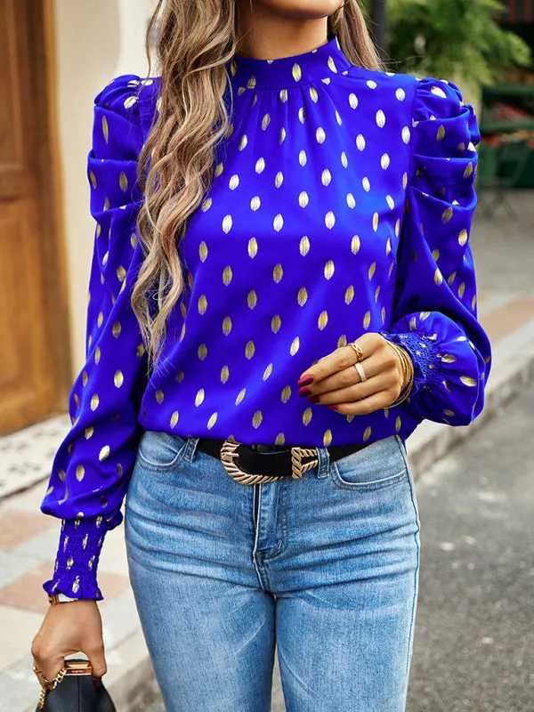 Women's Gold Dot Print Temperament commuting round neck long-sleeved blouse