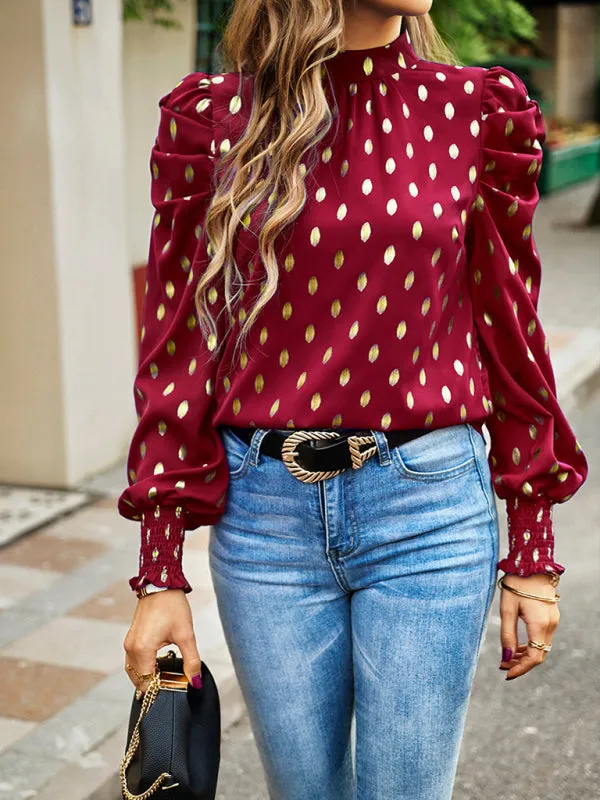 Women's Gold Dot Print Temperament commuting round neck long-sleeved blouse