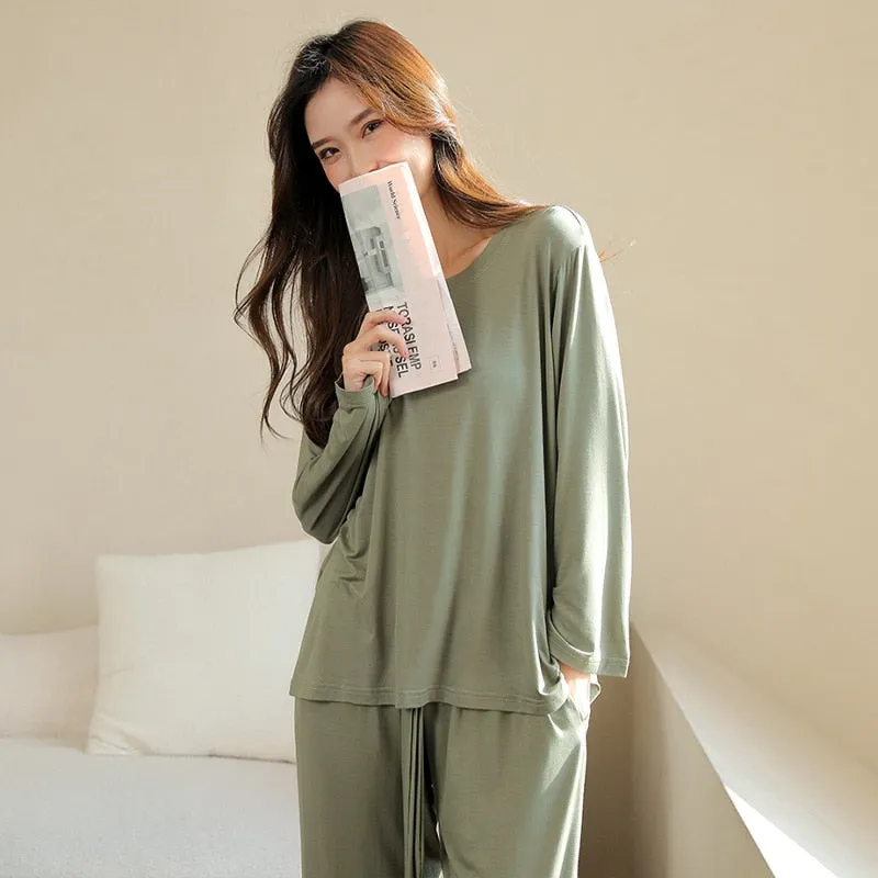 Women's Pajamas Set Simple Solid Color Soft Viscose Modal Sleepwear Leisure Nightwear Casual 2pcs Homewear Nightie Femme