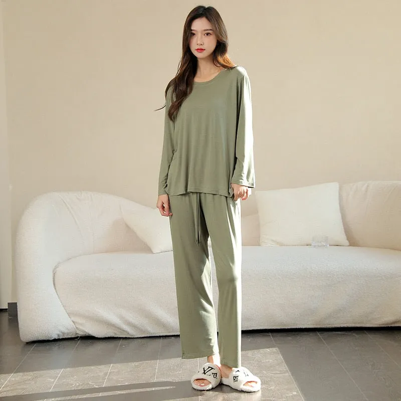Women's Pajamas Set Simple Solid Color Soft Viscose Modal Sleepwear Leisure Nightwear Casual 2pcs Homewear Nightie Femme