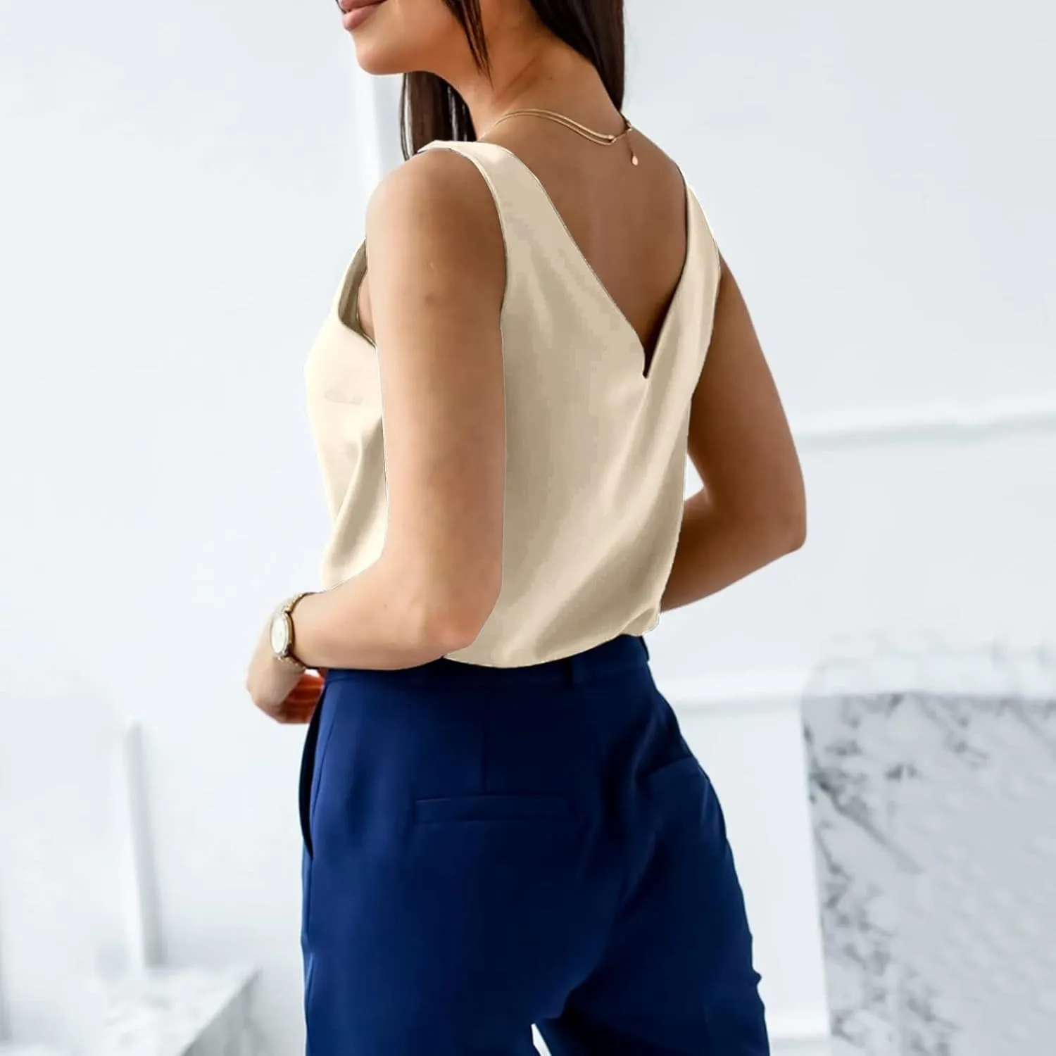 Womens Silk Satin Tank Tops V Neck Casual Cami Shirts Loose Fit Sleeveless Camisole Blouses Summer Basic Tee Top Vest