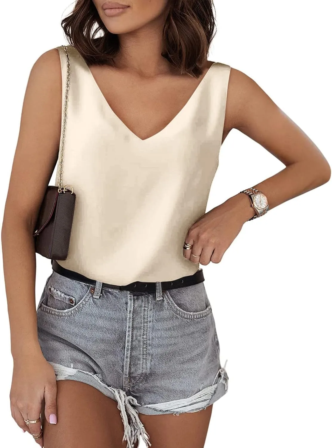 Womens Silk Satin Tank Tops V Neck Casual Cami Shirts Loose Fit Sleeveless Camisole Blouses Summer Basic Tee Top Vest