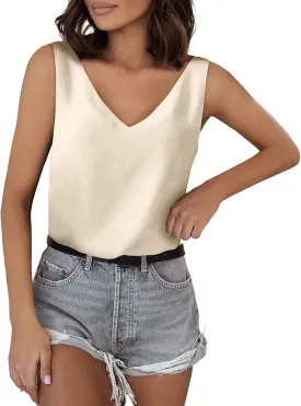 Womens Silk Satin Tank Tops V Neck Casual Cami Shirts Loose Fit Sleeveless Camisole Blouses Summer Basic Tee Top Vest
