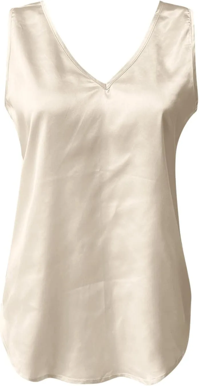 Womens Silk Satin Tank Tops V Neck Casual Cami Shirts Loose Fit Sleeveless Camisole Blouses Summer Basic Tee Top Vest
