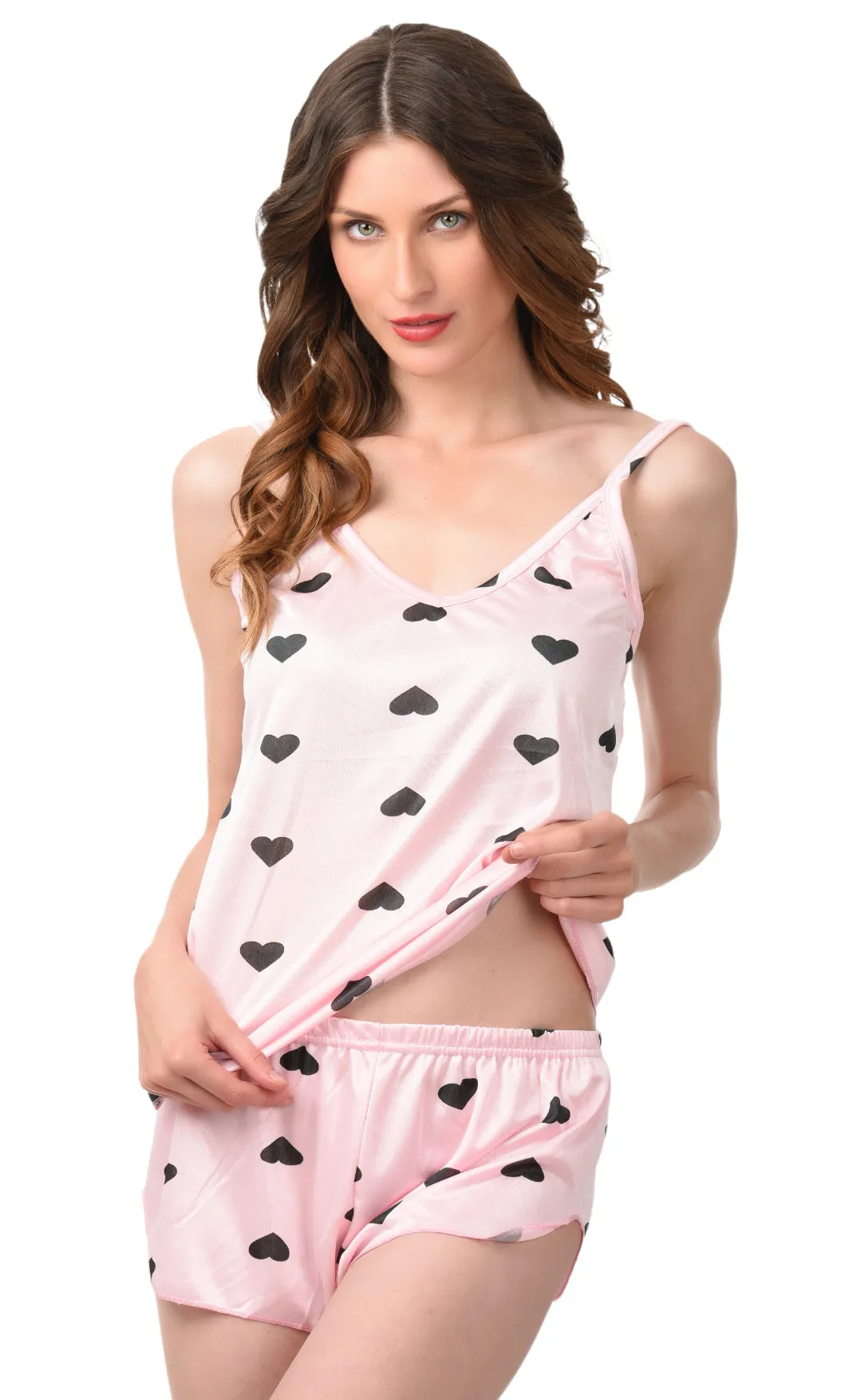 Xs and Os Women's Heart Print Satin Babydoll Cami Top with Shorts Nightwear Set