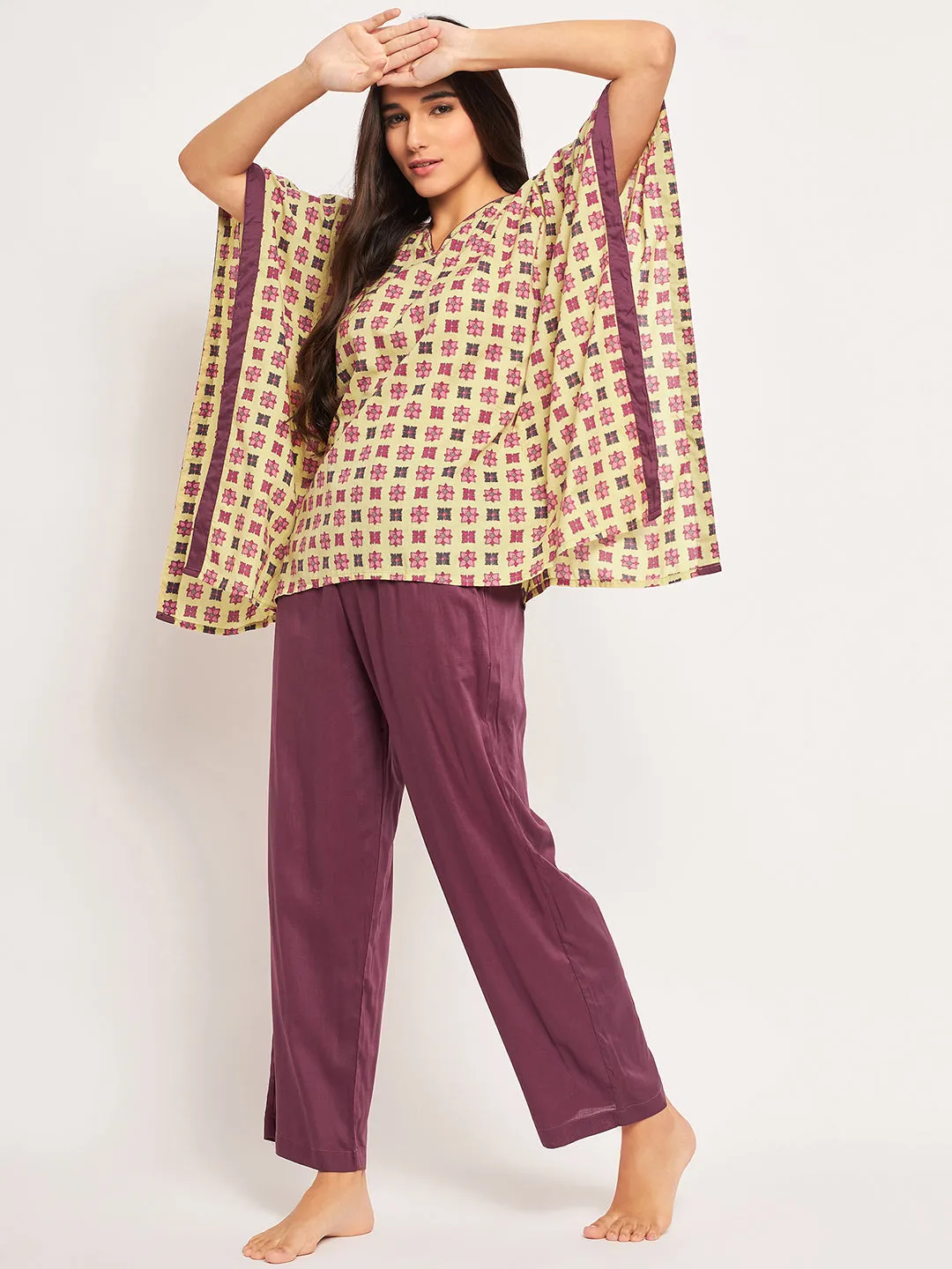 Yellow Block Print Kaftan Pyjama Set