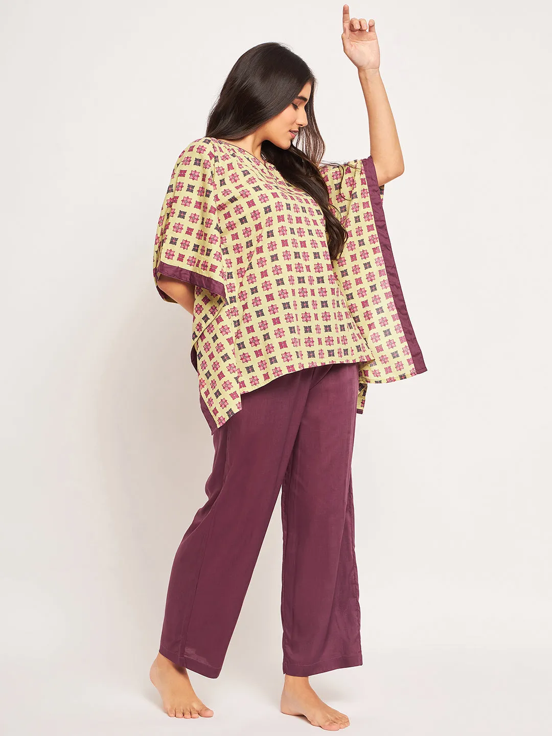 Yellow Block Print Kaftan Pyjama Set