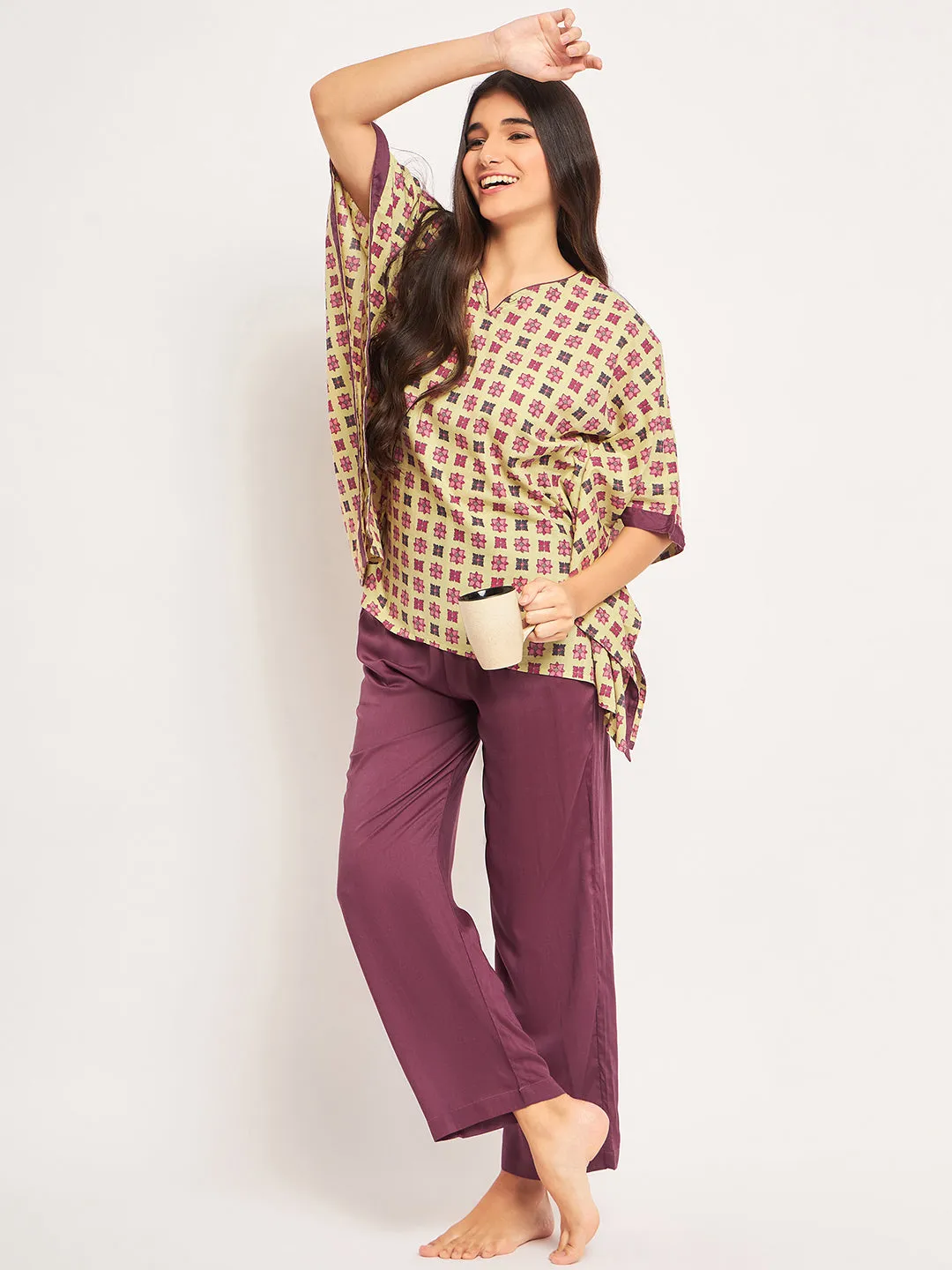 Yellow Block Print Kaftan Pyjama Set