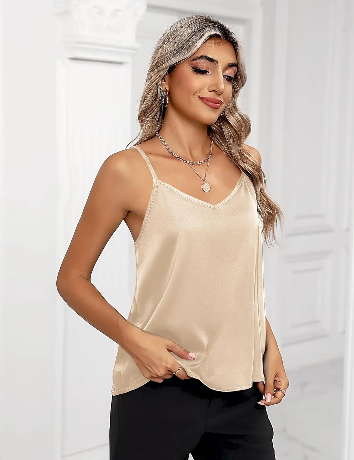Zeagoo Women's Silk Satin Tank Tops 2025 V Neck Adjustable Spaghetti Strap Sleeveless Camisole Summer Basic Blouse