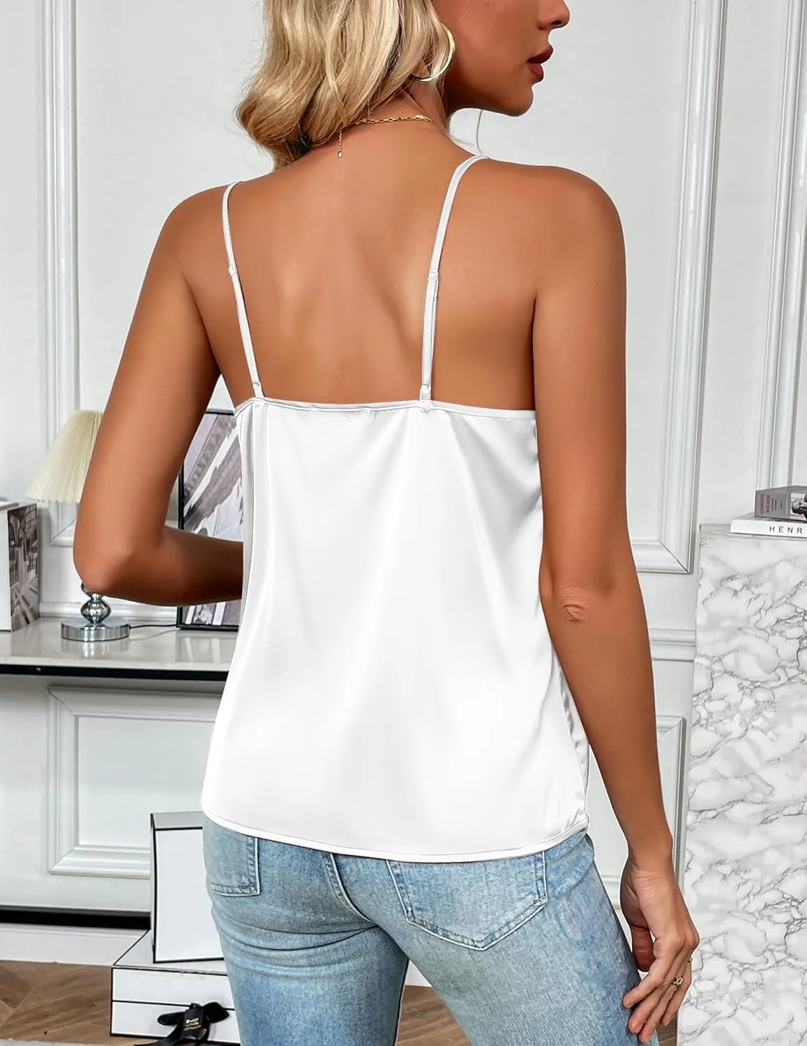 Zeagoo Women's Silk Satin Tank Tops 2025 V Neck Adjustable Spaghetti Strap Sleeveless Camisole Summer Basic Blouse