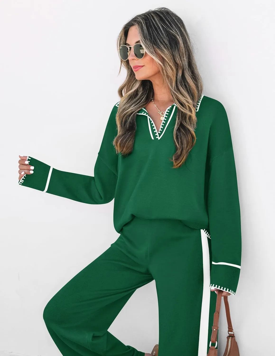ZESICA Women's 2 Piece Fall Outfits Long Sleeve V Neck Knit Sweater Tops Wide Leg Pants Sweatsuit Lounge Sets
